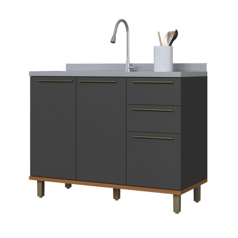 Balcão para Pia 120cm sem Tampo 2 Portas 3 Gavetas para Cozinha Modulada Madri Preto/Chumbo