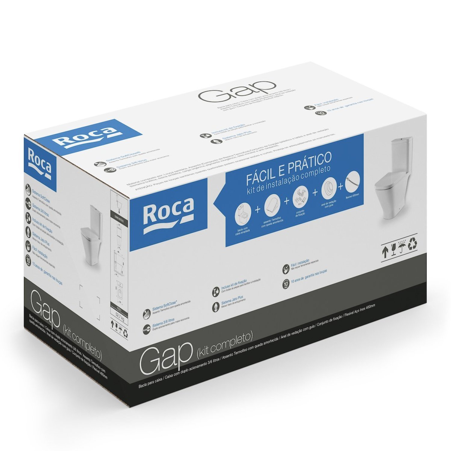 Kit Bacia com Caixa, Assento Termofixo com Queda Amortecida e Complementos de Instalação Gap Roca - 3