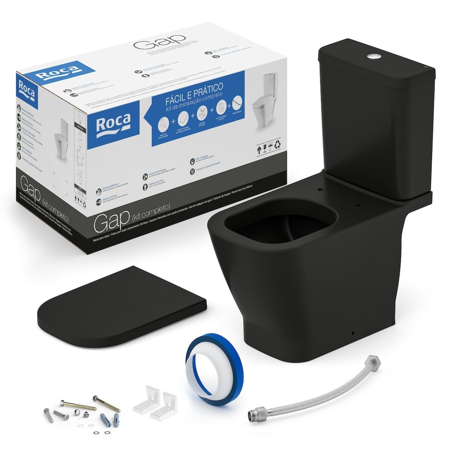 Kit Bacia com Caixa, Assento Termofixo com Queda Amortecida e Complementos de Instalação Gap Roca - 1