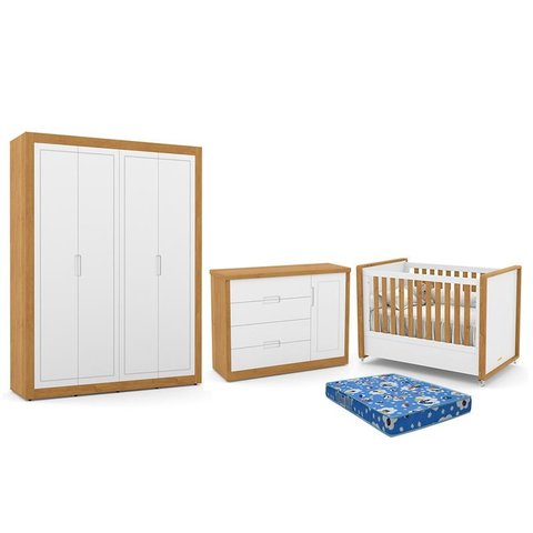 Dormitório Tutto New 4 Portas, Cômoda 1 Porta, Berço Branco Soft/Freijó com Colchão - Matic Móveis