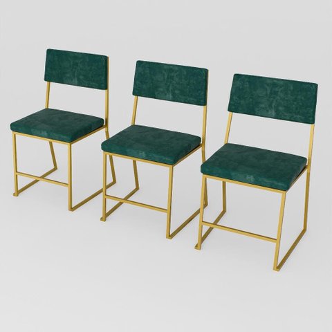 Kit 3 Cadeira Jantar Cozinha Estofada com Encosto Dourado Suede Dubai
