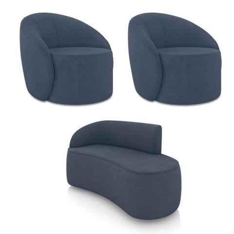 Sofá 2 Lugares Orgânico 140cm Morgan e 2 Poltronas Lua Suede Azul M D03 - D'Rossi
