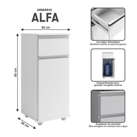Armário P/ Bebedouro C/ Porta e Gaveta Cozinha Branco - Alfa