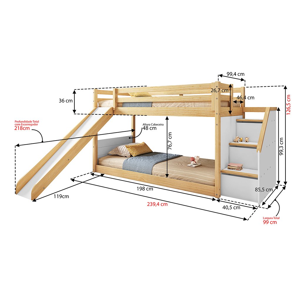 Beliche Infantil Montessoriana Garden com Escada Lateral Grade Proteção I e Escorregador Casatema - 3