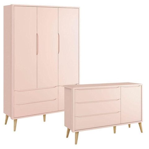 Guarda Roupa Infantil 3 Portas e Cômoda Theo 1 Porta Rosa com Pés Madeira Natural ? Reller