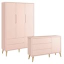 Ver imagem 1 de Guarda Roupa Infantil 3 Portas e Cômoda Theo 1 Porta Rosa com Pés Madeira Natural ? Reller