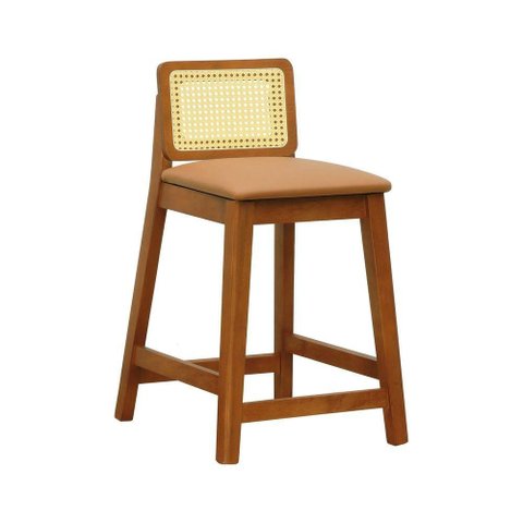 Banqueta Média Gabi Madeira Maciça Telinha Natural - Amêndoa Assento Estofado Corano Caramelo