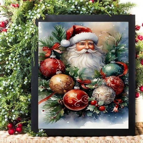 Quadro de Natal Papai Noel - Guirlanda 24x18cm - com Vidro:moldura Branca