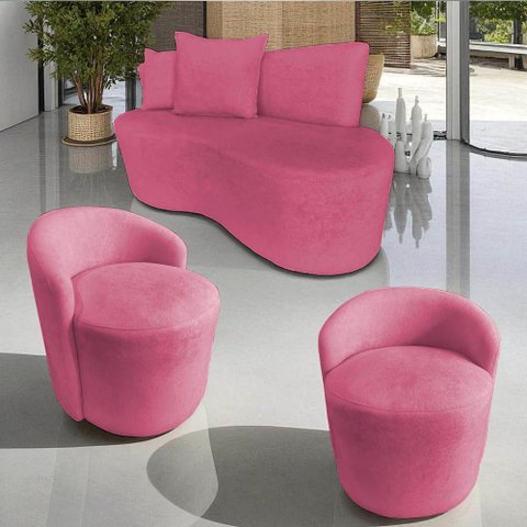 Kit Namoradeira + 2 Poltronas Yara Orgânica Veludo Rosa