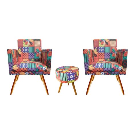Kit 2 Poltronas Decorativa Nina + Puff Redondo Suede Patchwork Pés Madeira Ms Decor