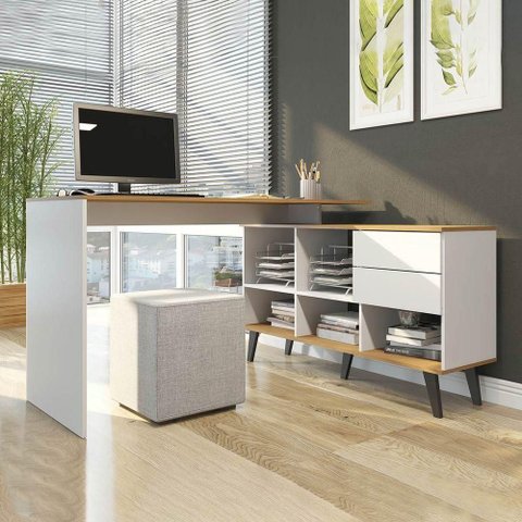 Escrivaninha de Canto Home Office 2 Gavetas e Nichos Menu Móveis Branco/carvalho