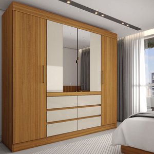 Guarda-roupa Casal Honey 4 Portas 6 Gavetas com Espelho Cinamomo/off White - Pm