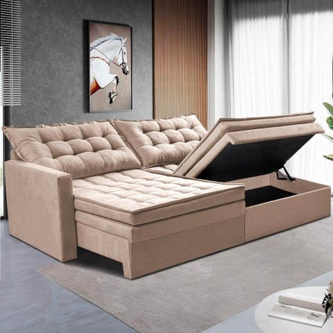 Sofá sem Caixa Retrátil Baú 1,80m Cama Inbox Secret Suede Velusoft Bege