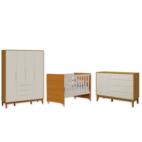 Quarto de Bebê Berço Evolution + Guarda Roupa 4P + Cômoda Sp Elfe Areia Fosco / Savana