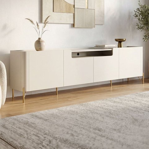 Rack para TV 260cm com 4 Portas Lisas 100% MDF e Pés em Metal Bege Luna/Bronze
