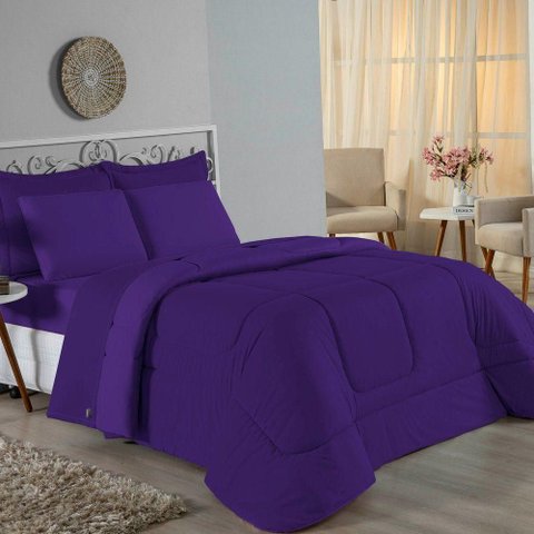 Kit Edredom Dupla Face + Jogo de Lençol Casal Viúva Nobre 6 Peças Malha 100% Algodão - Roxo