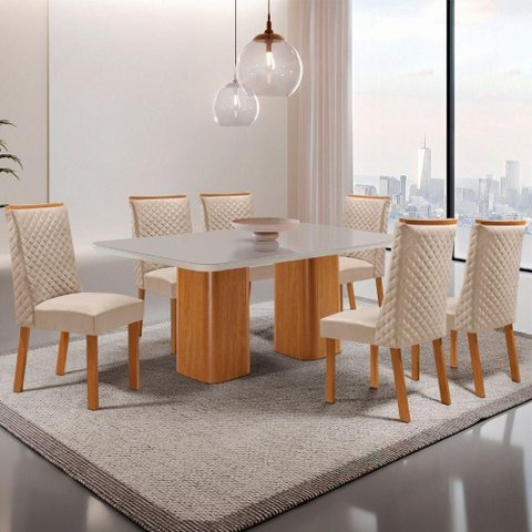 Mesa de Jantar Eloise 6 Lugares Retangular Vidro 180cm Off White Moderna