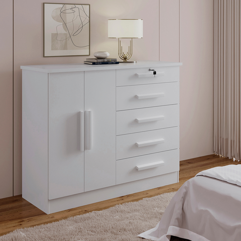 Cômoda com Sapateira e 5 Gavetas com Chave e Divisória Porta-Treco Tampo MDF Zeus Branca