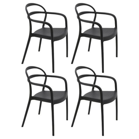Jogo 4 Cadeiras Plástica com Braços Preta Tramontina Summa Sissi Eco 182kg Sala Varanda