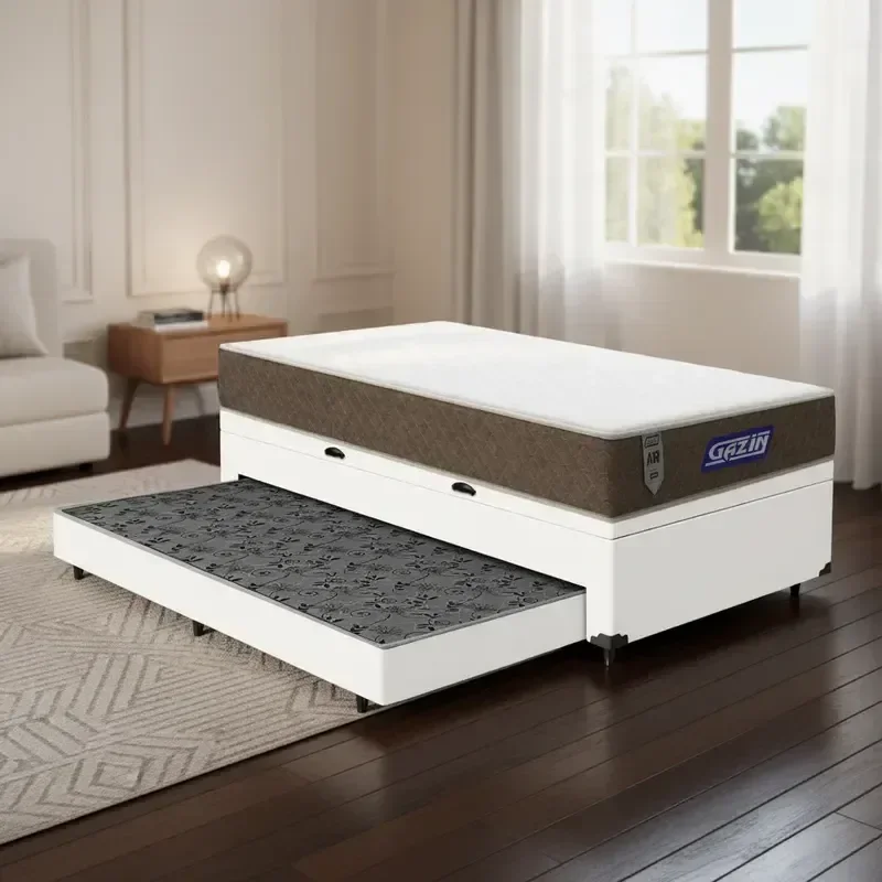 Cama Box Baú + Colchão Gazin de Molas Ensacadas One Face Air Light + Auxiliar de Espuma Solteiro