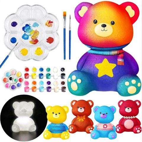 Luminária Ursinho Abajur LED Infantil para Pintar + Kit Pintura Tinta Guache Pincel Paleta