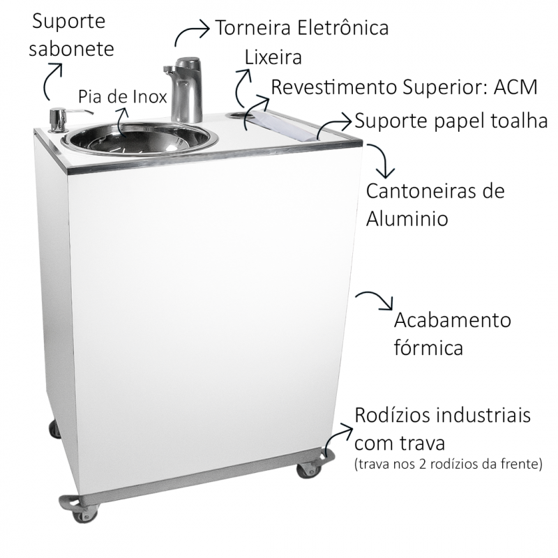 Pia Portátil para Profissionais da Saúde em Madeira Branca - Torneira Eletrônica - Ultra Móveis - 4