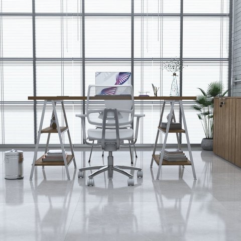 Escrivaninha Mesa Escritório Cavalete Estilo Kuadra 4 Prateleiras 150cm Industrial Lâmina Mel e Est,Branca Marrom/Est.Branca