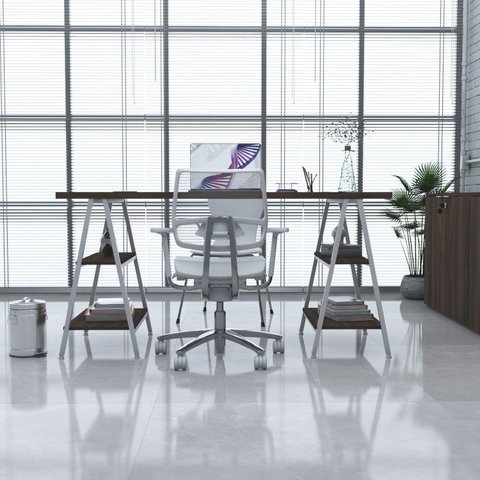 Escrivaninha Mesa Escritório Cavalete Estilo Kuadra 4 Prateleiras 150cm Industrial Nogal e Est,Branca Marrom/Est.Branca