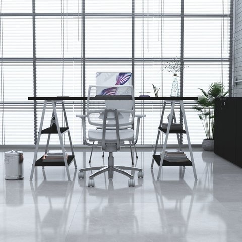 Escrivaninha Mesa Escritório Cavalete Estilo Kuadra 4 Prateleiras 150cm Industrial Preto Ônix e Est,Branca Est.Branca