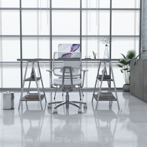Escrivaninha Mesa Escritório Cavalete Estilo Kuadra 4 Prateleiras 150cm Industrial Snow e Est,Branco Est.Branca