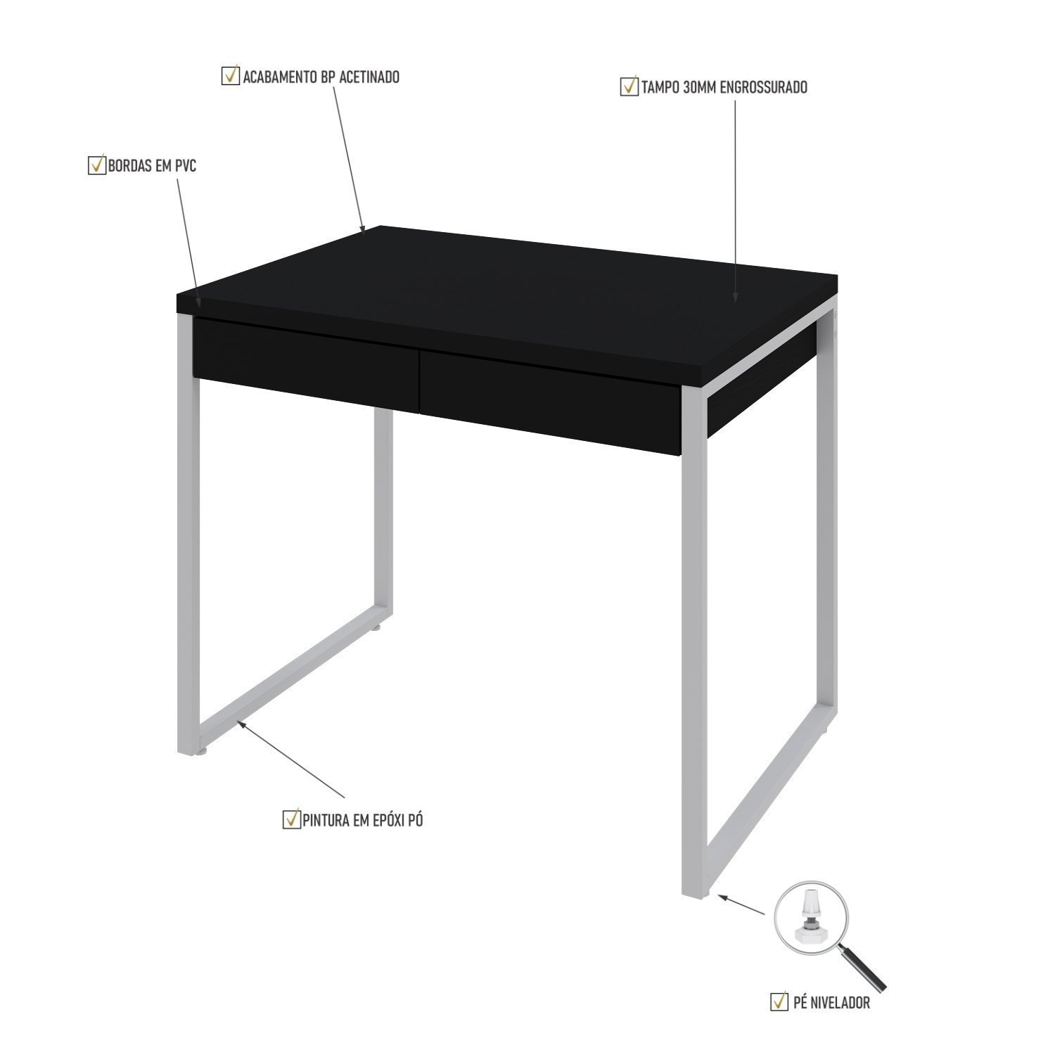 Mesa Para Escritório 90Cm 2 Gavetas Kuadra - 5
