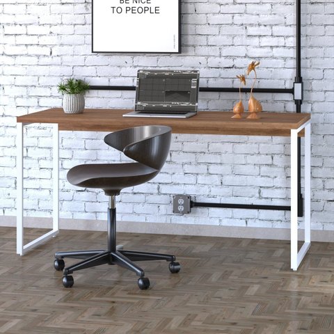 Escrivaninha Mesa Escritório Diretor Estilo Kuadra 150cm Industrial Lamina Mel e Branco Marrom