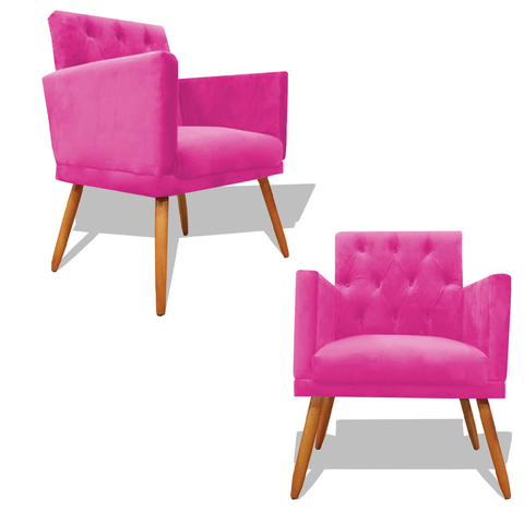 Kit Decorativo Duas Poltrona Nina Retro Pés Palito Suede Rosa Pink com Roda Pé Eli Móveis