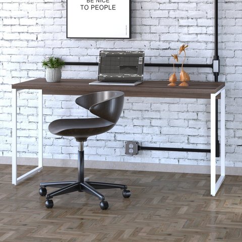 Escrivaninha Mesa Escritório Diretor Estilo Kuadra 150cm Industrial Nogal e Branco Marrom