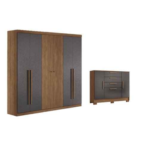 Quarto Completo Casal Guarda Roupa 6PTAS Buriti + Cômoda Pinhais Grafite S. Andirá