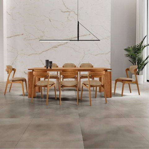 Sala de Jantar Mesa Nala 220cm Tampo Laminado Canto Moeda com 8 Cadeiras Solaris Soft