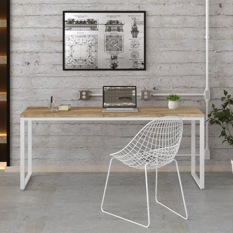 Escrivaninha Mesa Escritório Estilo Diretor Kuadra 180cm Industrial Carvalho e Branco Marrom