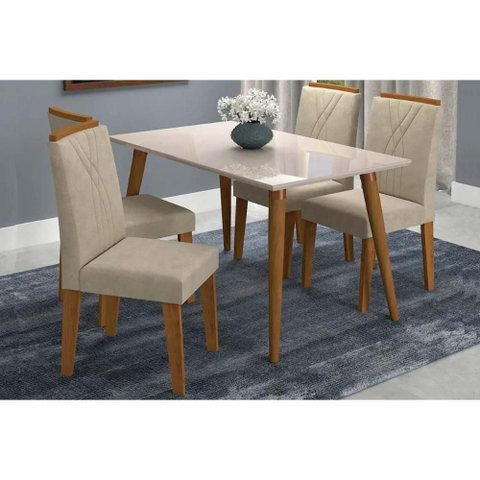 Conjunto: Mesa Sala Jantar Adele Madeira Maciça Tampo Madeirado C/ Vidro 130x80cm e 4 Cadeiras