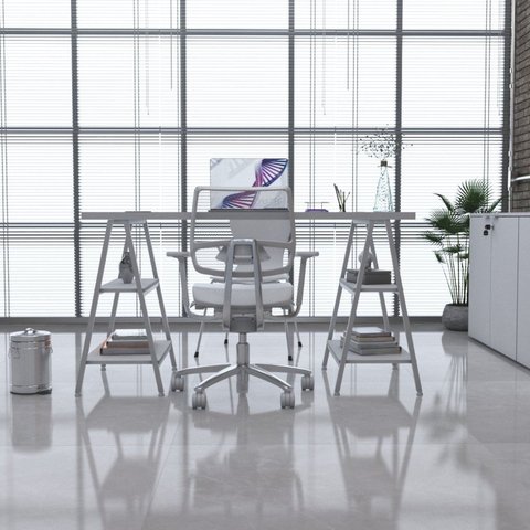 Escrivaninha Mesa Escritório Cavalete Estilo Kuadra 4 Prateleiras 135cm Industrial Branco