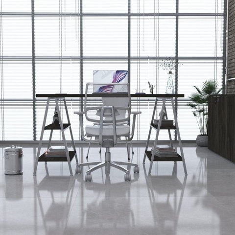 Escrivaninha Mesa Escritório Cavalete Estilo Kuadra 4 Prateleiras 135cm Industrial Carvalho Dark Marrom/Branca