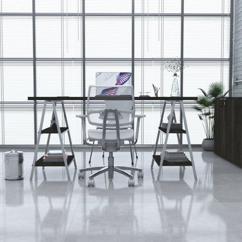 Escrivaninha Mesa Escritório Cavalete Estilo Kuadra 4 Prateleiras 150cm Industrial Carvalho Dark e Est,Branca Marrom/Est.Branca