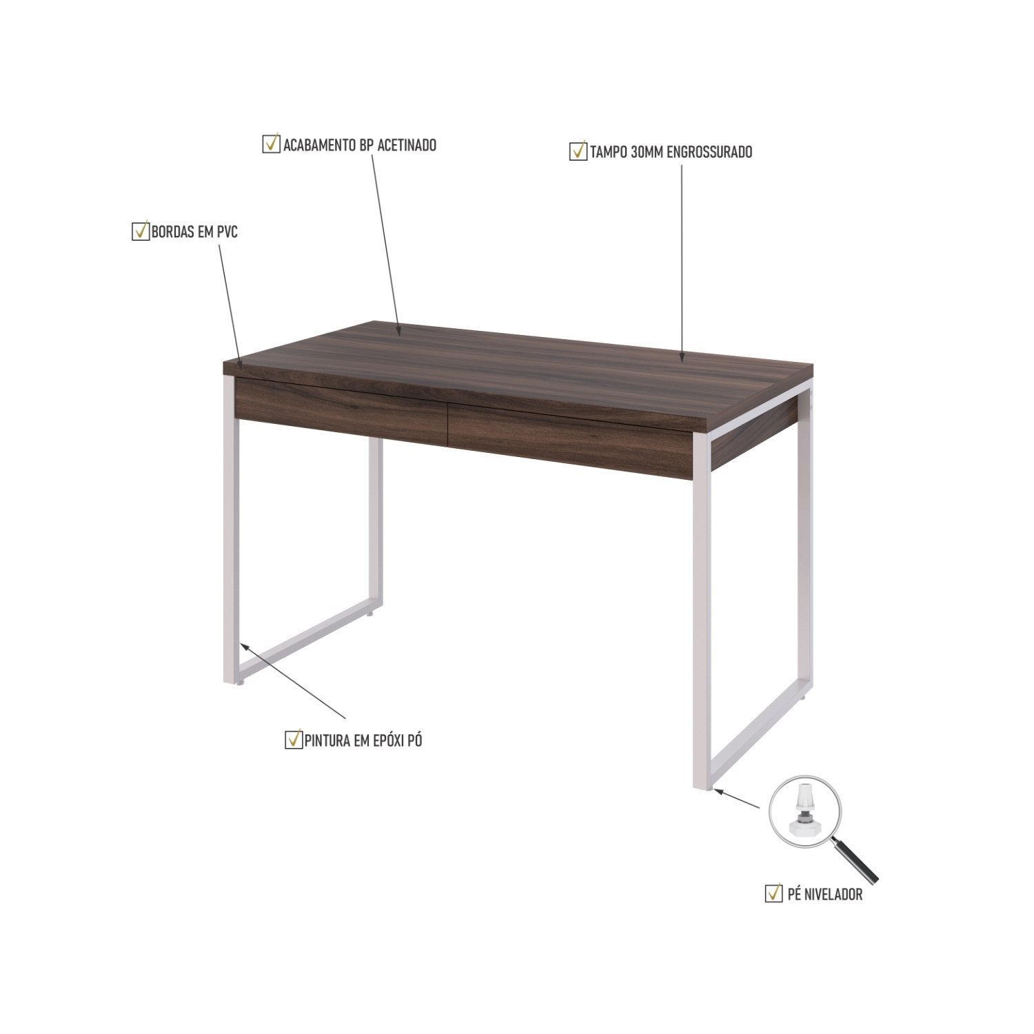 Mesa Para Escritório 120Cm 2 Gavetas Kuadra - 5