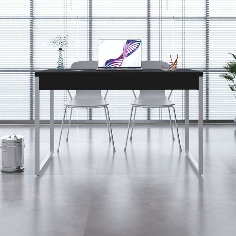 Escrivaninha Mesa Escritório Kuadra 2 Gavetas 120cm Industrial Preto Ônix e Branco Chess
