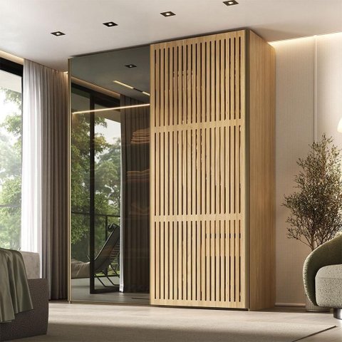 Guarda Roupa Solteiro Nilo 2 Portas de Correr 2 Gavetas 100% MDF com Vidro Reflecta LED Olmo