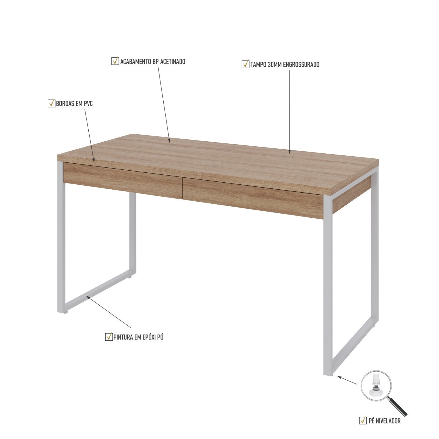 Mesa para Escritório 135cm 2 Gavetas Kuadra - 5