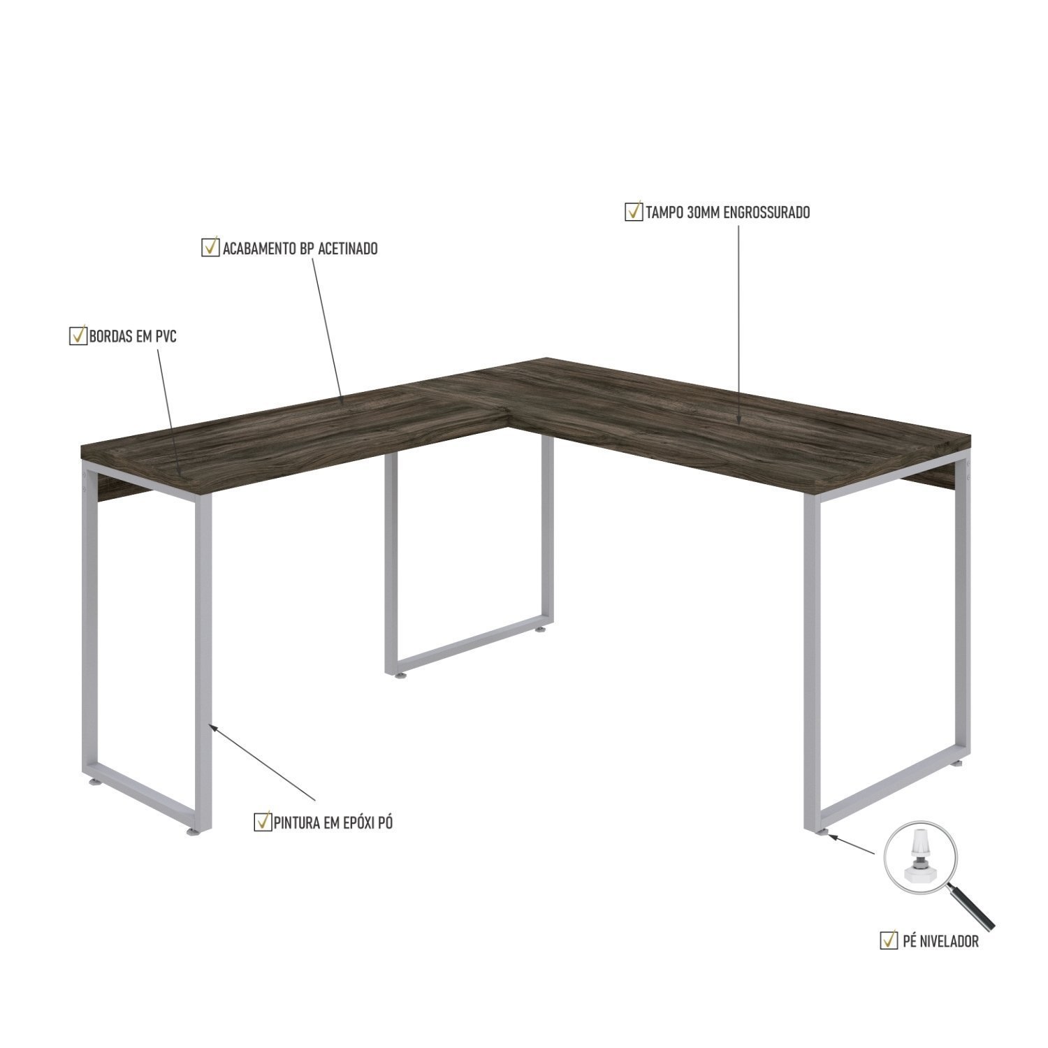 Mesa de Escritório em L Estilo Industrial 135x150cm Kuadra - 5