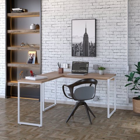 Escrivaninha Mesa Escritório em L Estilo Kuadra 135cm Industrial Lamina Mel e Branco Marrom