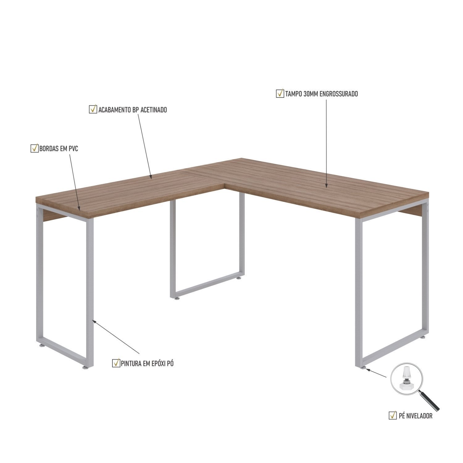 Mesa de Escritório em L Estilo Industrial 135x150cm Kuadra - 5