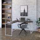 Ver imagem 1 de Escrivaninha Mesa Escritório em L Estilo Kuadra 135cm Industrial Nogal e Branco Marrom