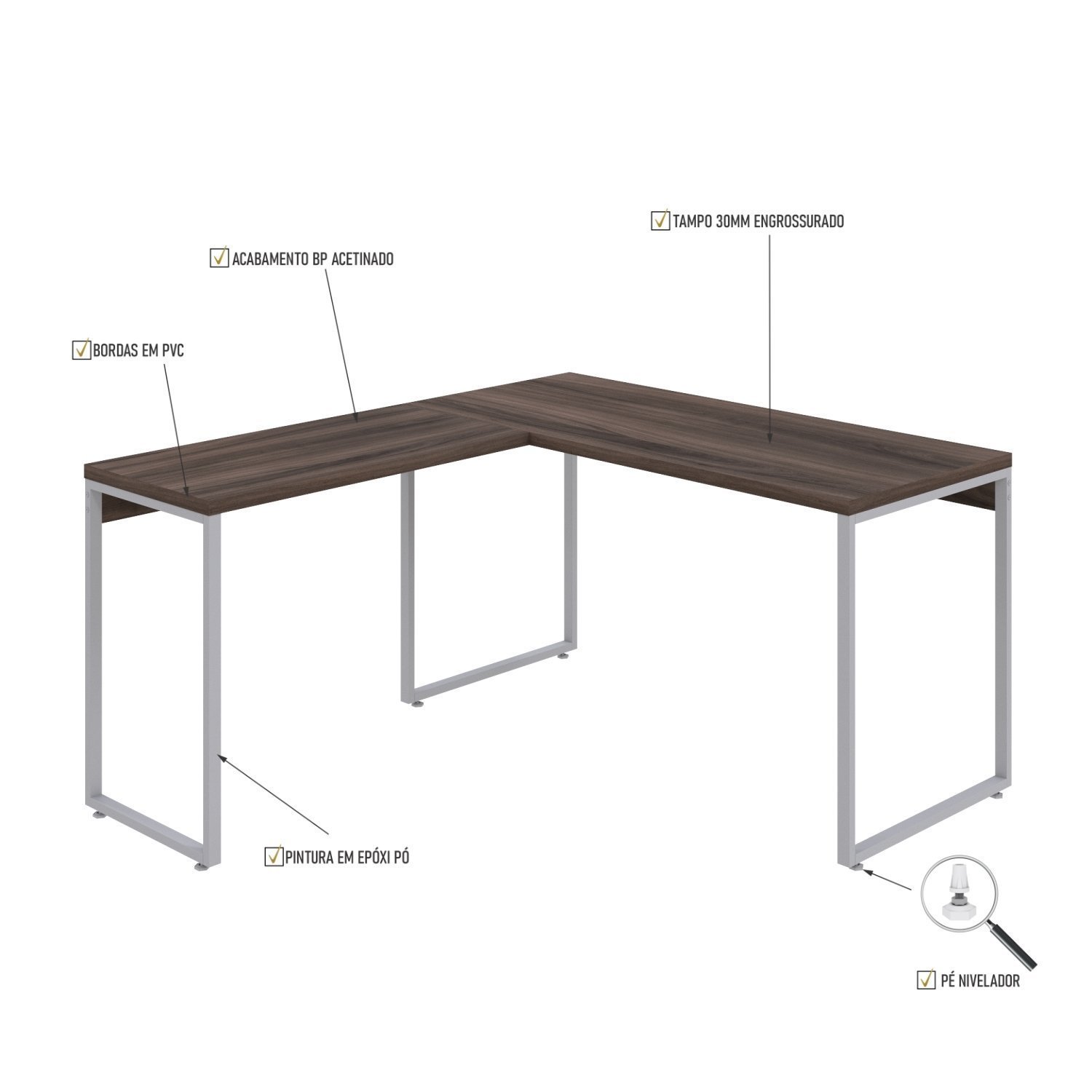 Mesa de Escritório em L Estilo Industrial 135x150cm Kuadra - 5